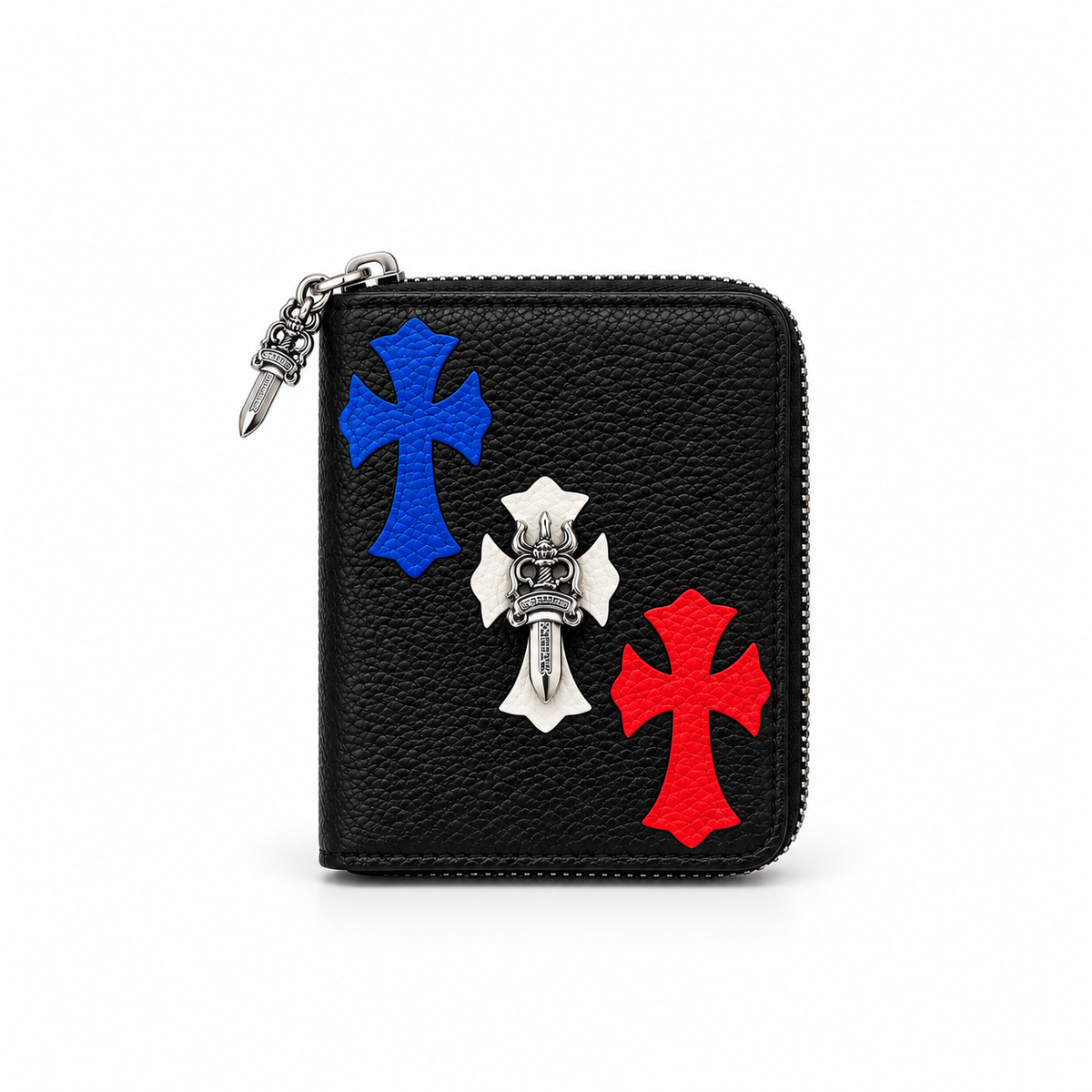 Chrome Hearts Cross Zip Wallet with Silver Dagger Zipper Pull - Black