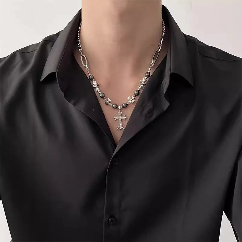 (Chrome Hearts) Black Bead Cross Necklace (Code-ZX#841)