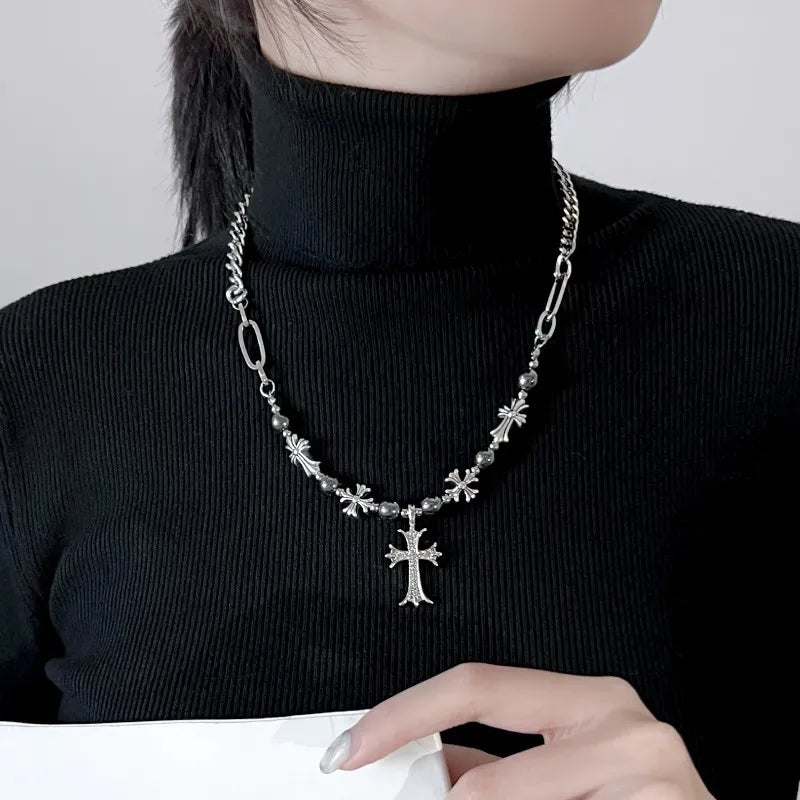(Chrome Hearts) Black Bead Cross Necklace (Code-ZX#841)