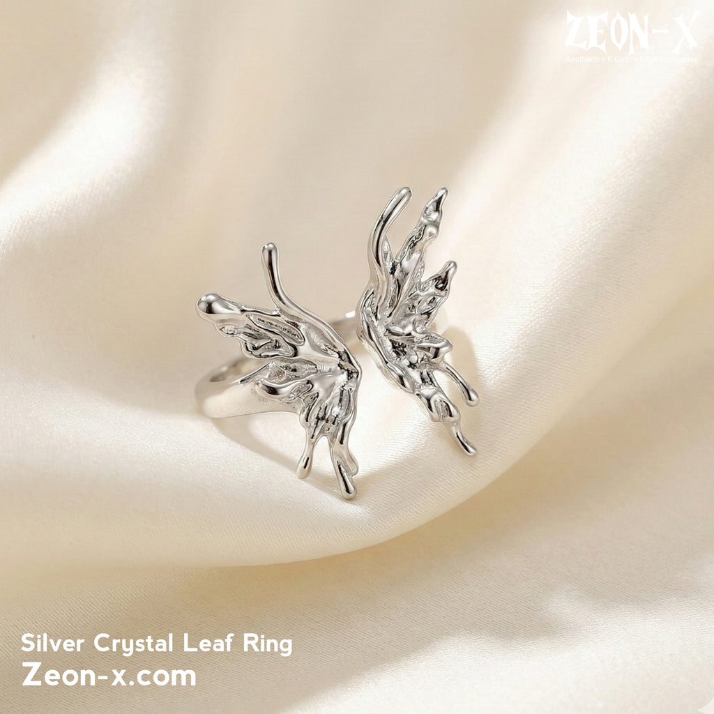 Silver Crystal Leaf Ring (Code: ZX#124)