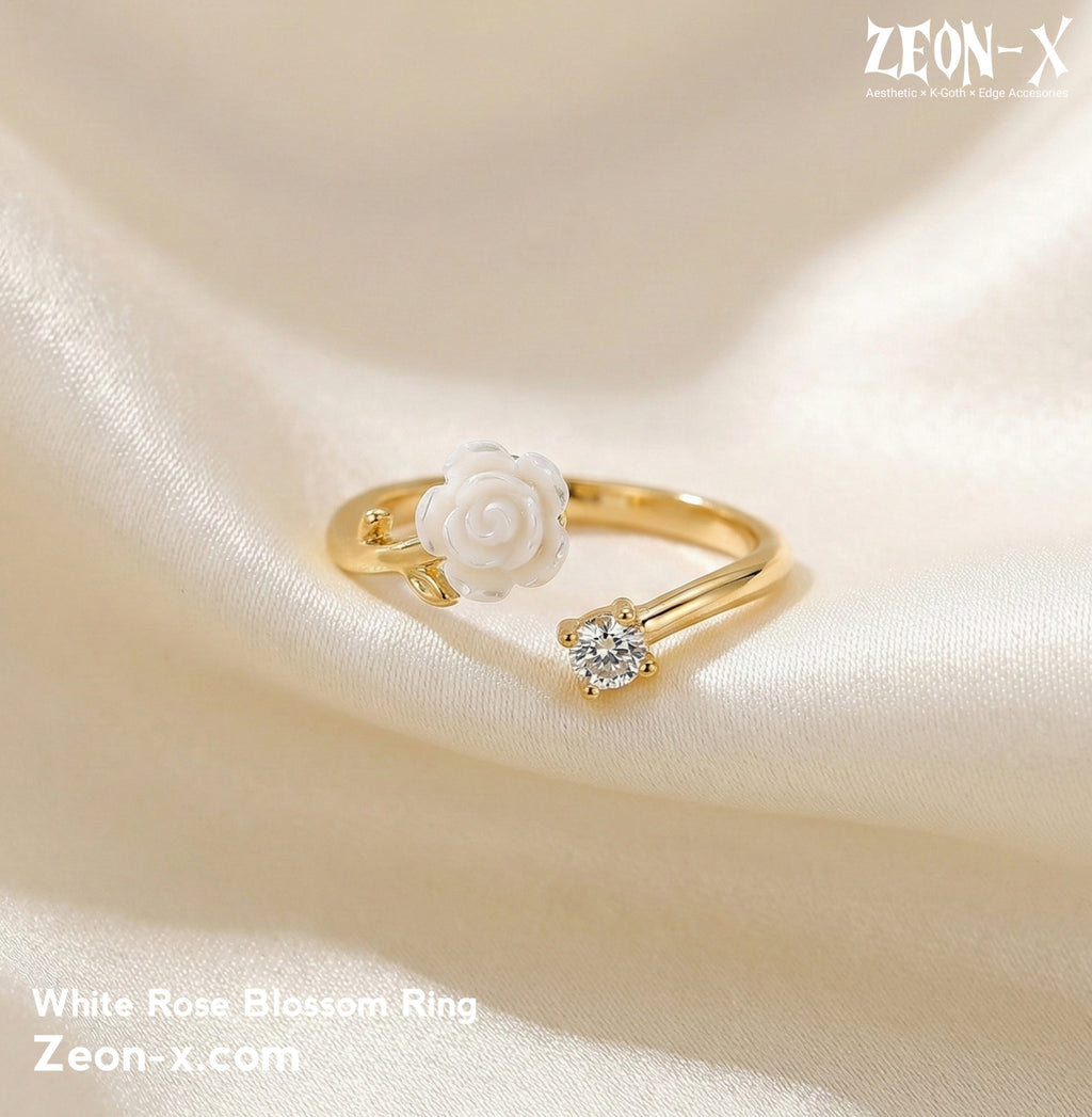 White Rose Blossom Adjustable Ring (Product Code: ZX#654) 🌹