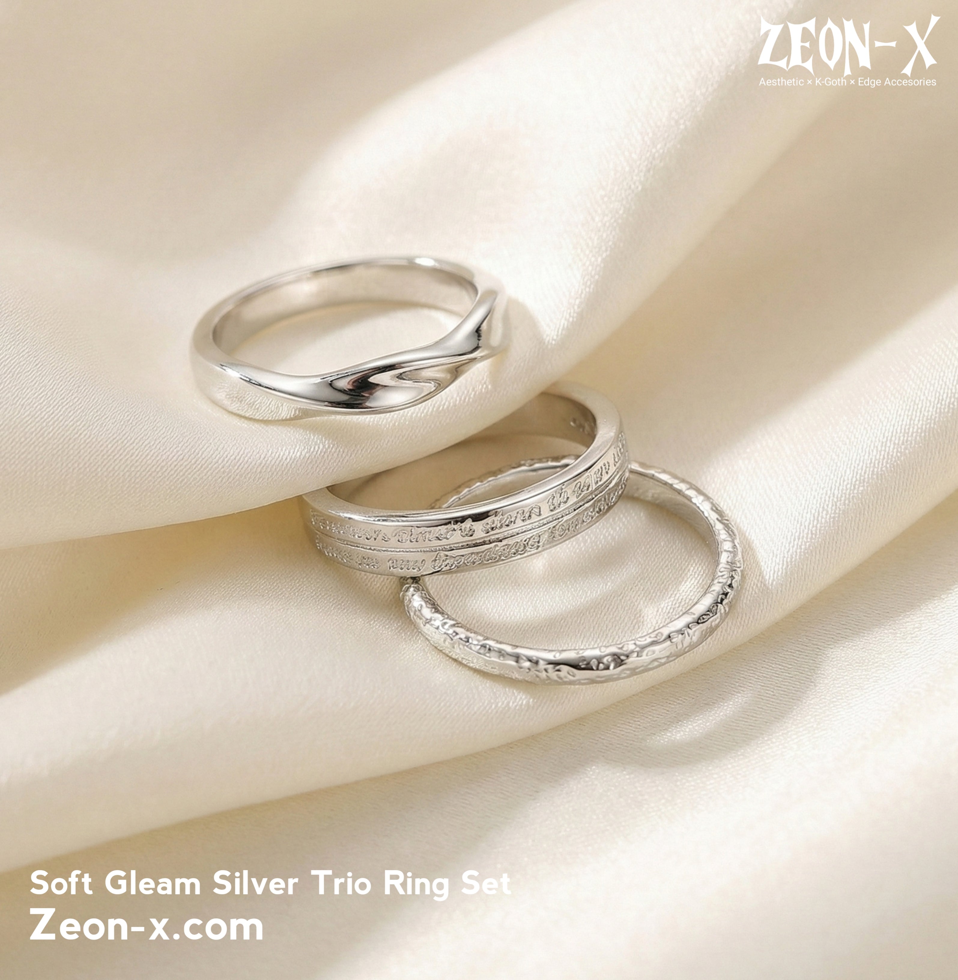 Soft Gleam Silver Trio Ring Set (Code-ZX#775)