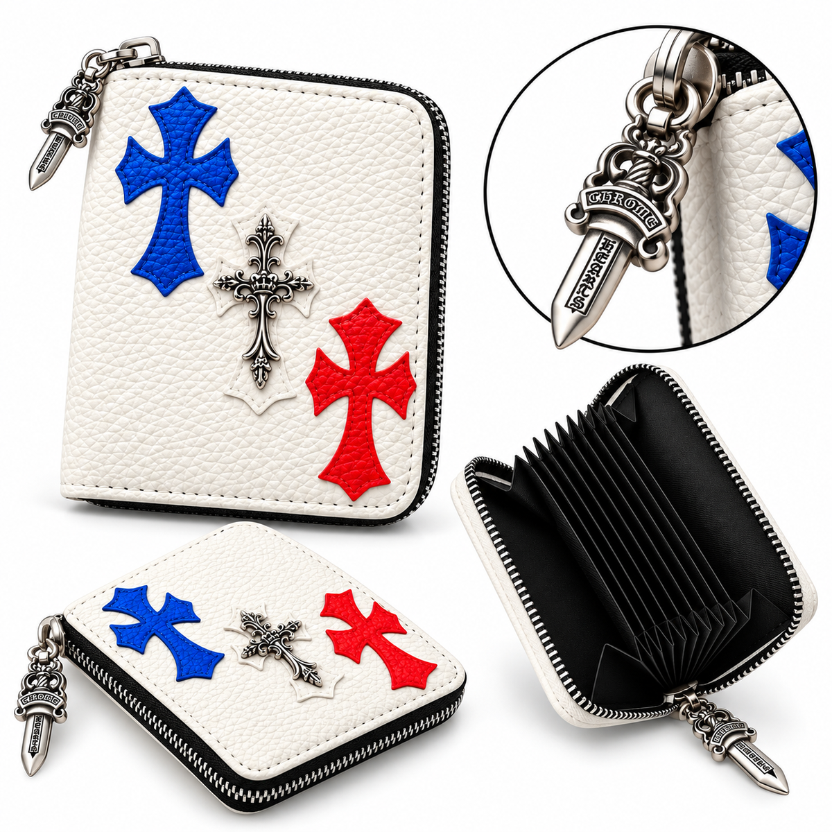 Chrome Hearts Cross Zip Wallet with Silver Dagger Zipper Pull - White