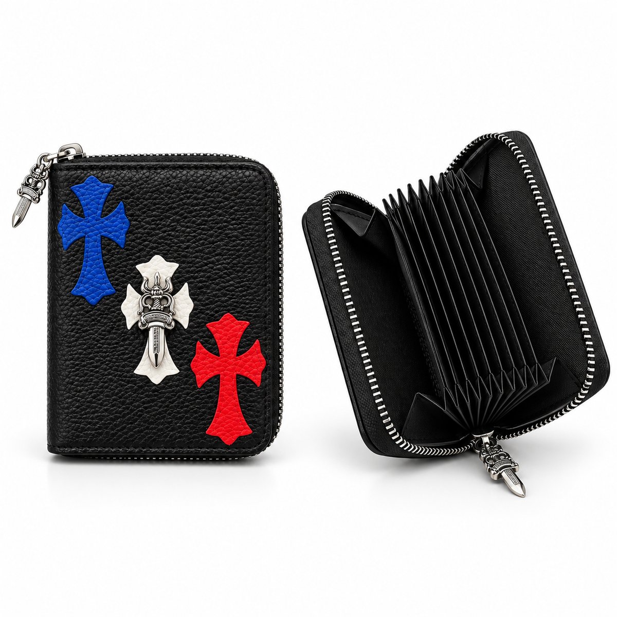Chrome Hearts Cross Zip Wallet with Silver Dagger Zipper Pull - White