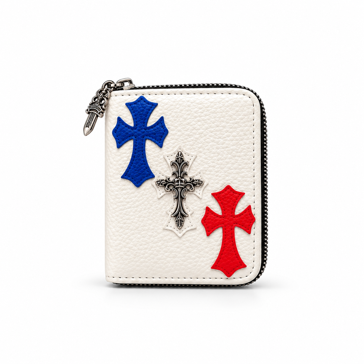 Chrome Hearts Cross Zip Wallet with Silver Dagger Zipper Pull - White