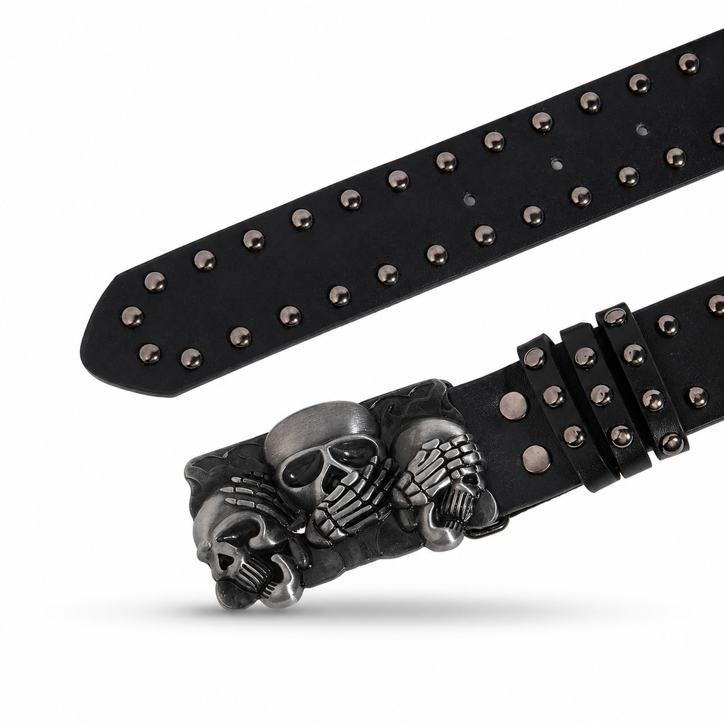 Triple Skull Studded Leather Belt (Code: ZX#87)