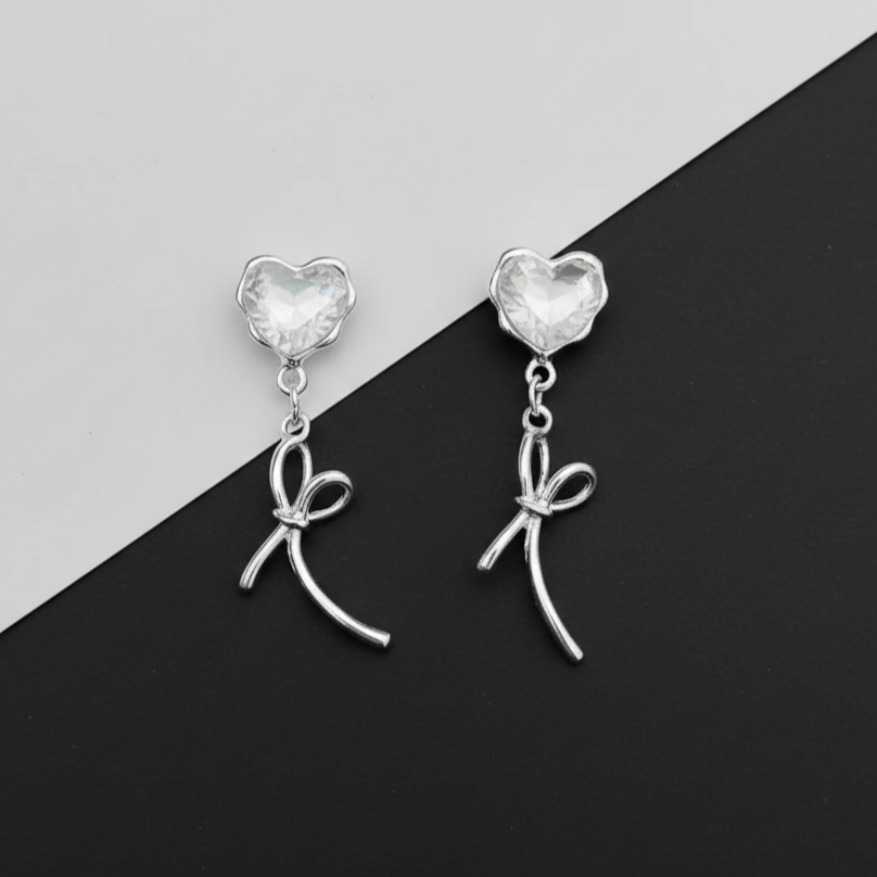 Crystal Heart Ribbon Drop Earrings (Code-ZX#646)