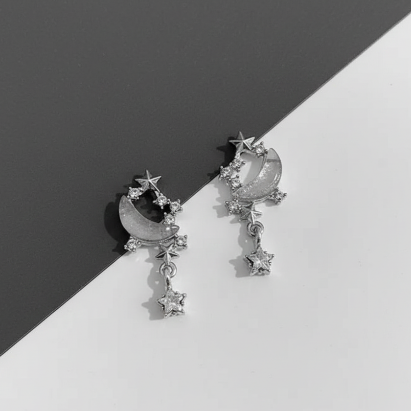 Celestial Moon & Star Drop Earrings (Code-ZX#710)