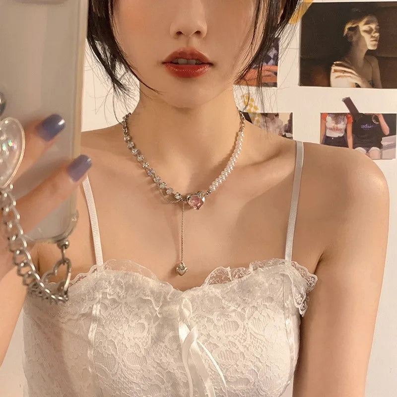 Pink Heart Pearl Chain Necklace (Code-ZX#579)