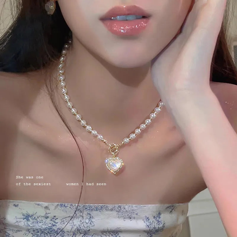Golden Pearl Heart Necklace (Code-ZX#587)
