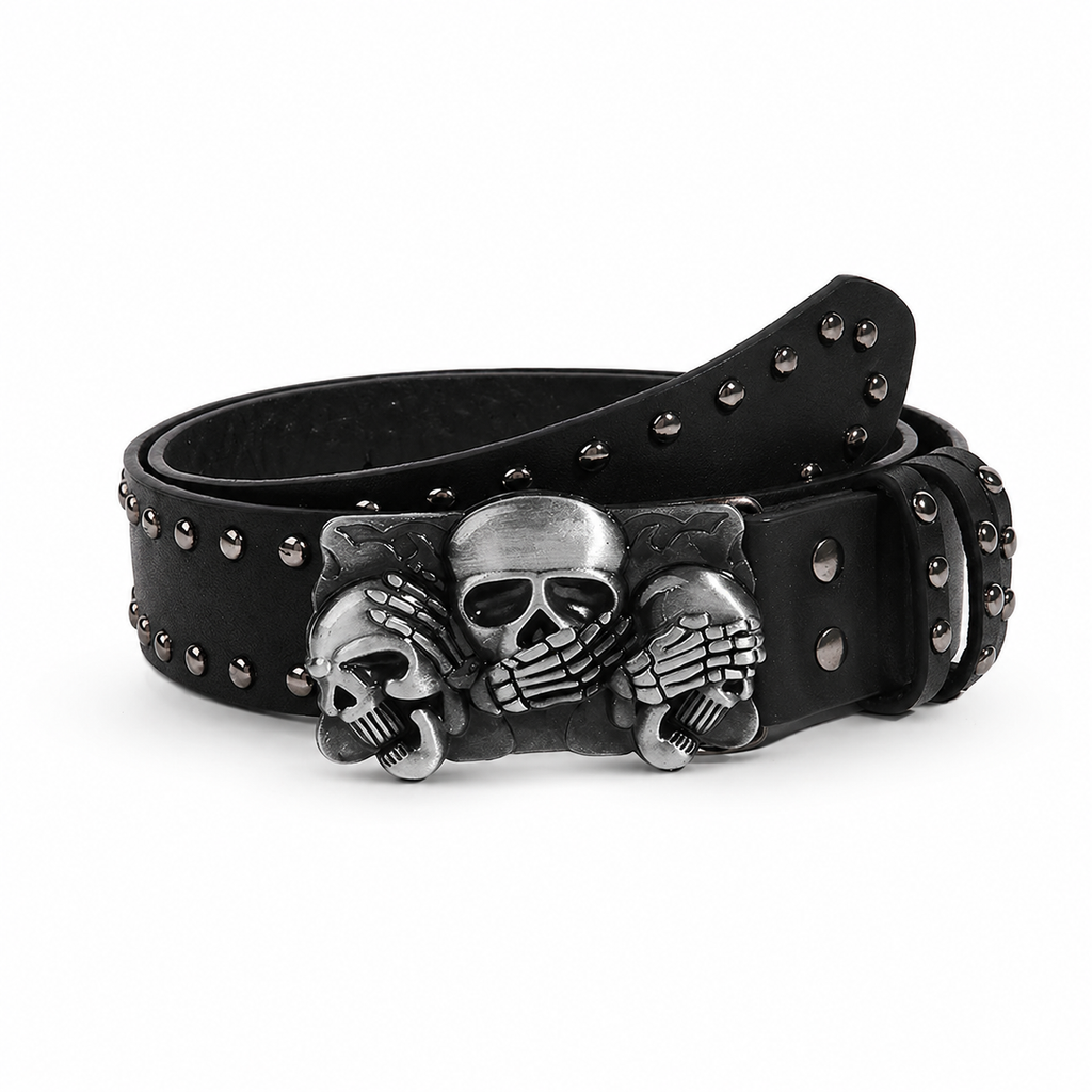 Triple Skull Studded Leather Belt (Code: ZX#87)