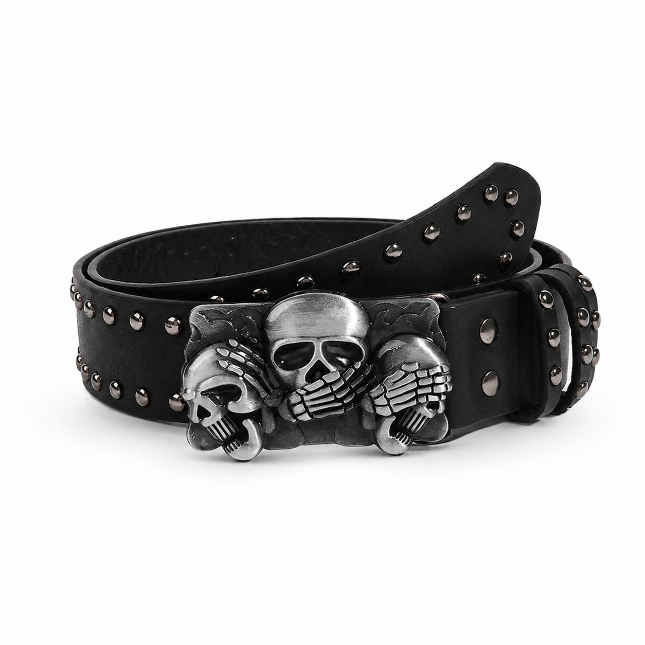 Triple Skull Studded Leather Belt (Code: ZX#87)