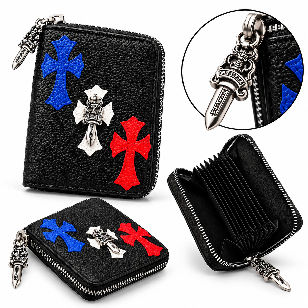 Chrome Hearts Cross Zip Wallet with Silver Dagger Zipper Pull - Black