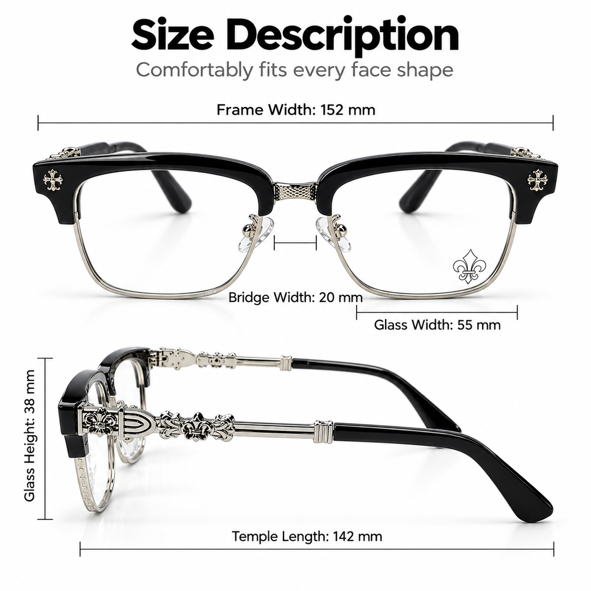 Chrome Hearts Cross Fleur-De-Lis Glasses - Premium Black