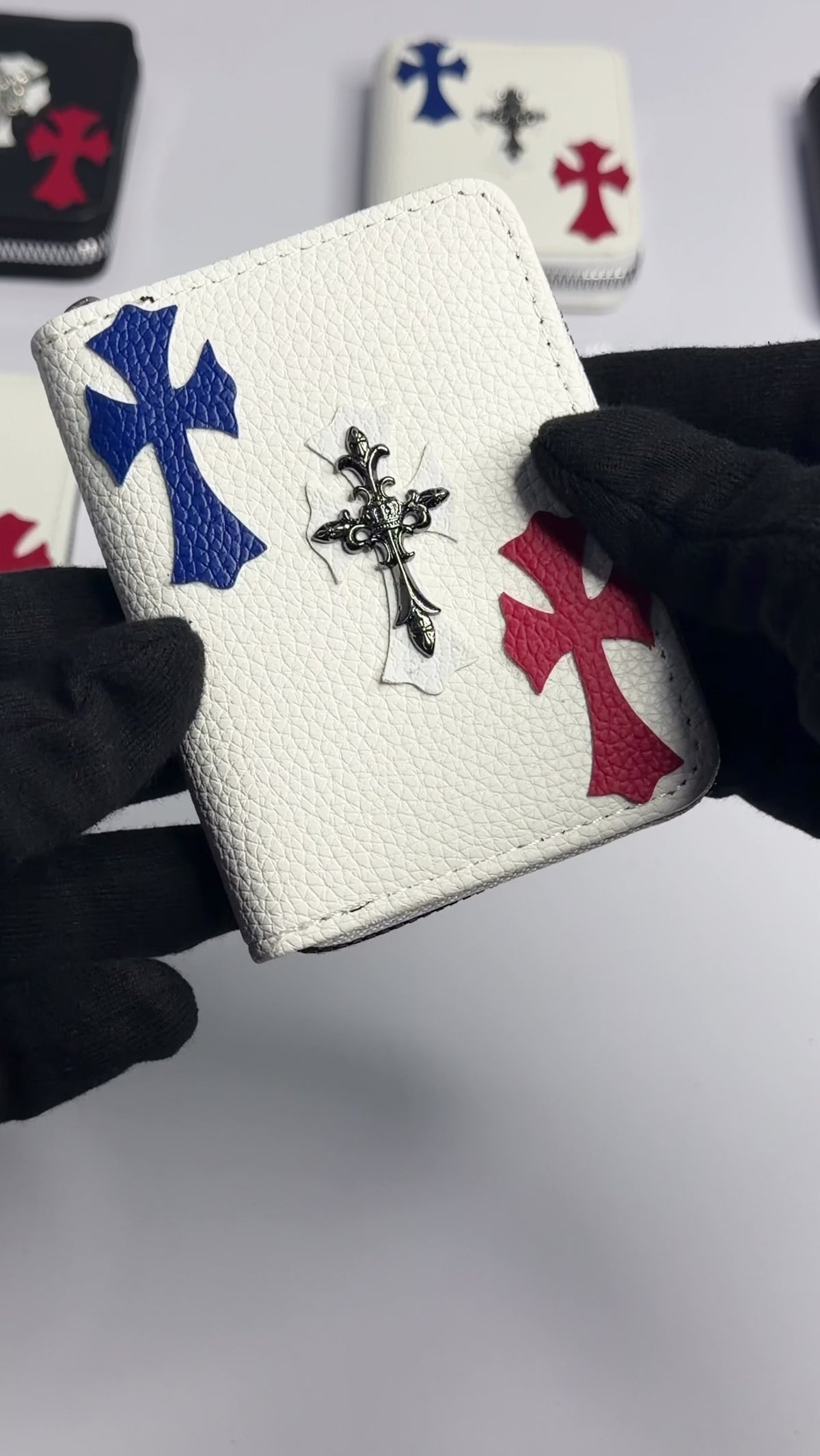 Chrome Hearts Cross Zip Wallet with Silver Dagger Zipper Pull - White